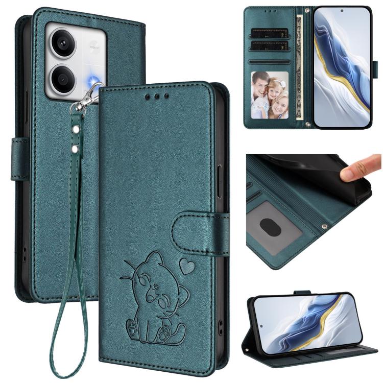 Embossed Heart Cat Leather Phone Case with Hand Strap, For Redmi Note 13 Pro 5G Global, For Redmi Note 13 5G Global