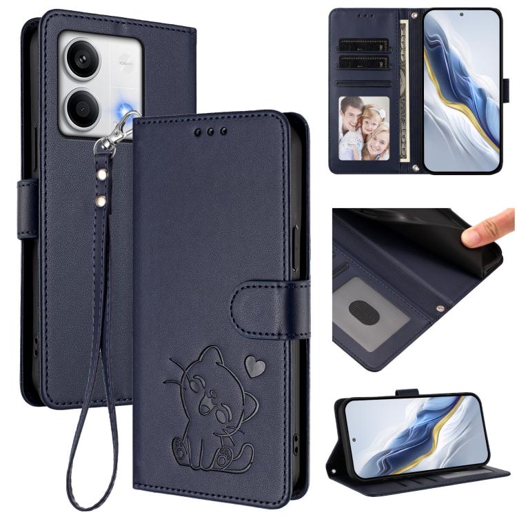 Embossed Heart Cat Leather Phone Case with Hand Strap, For Redmi Note 13 Pro 5G Global, For Redmi Note 13 5G Global