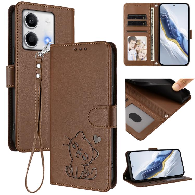 Embossed Heart Cat Leather Phone Case with Hand Strap, For Redmi Note 13 Pro 5G Global, For Redmi Note 13 5G Global