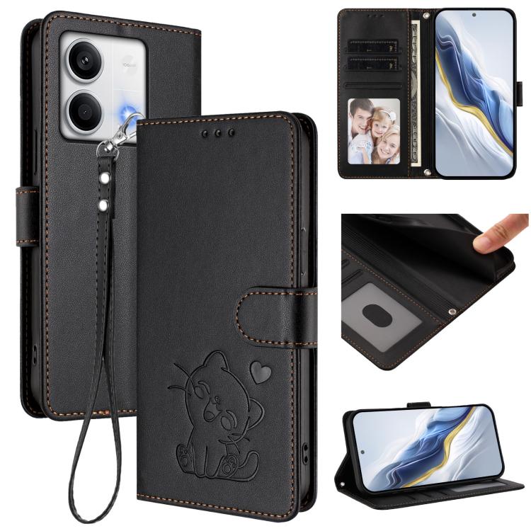 Embossed Heart Cat Leather Phone Case with Hand Strap, For Redmi Note 13 Pro 5G Global, For Redmi Note 13 5G Global