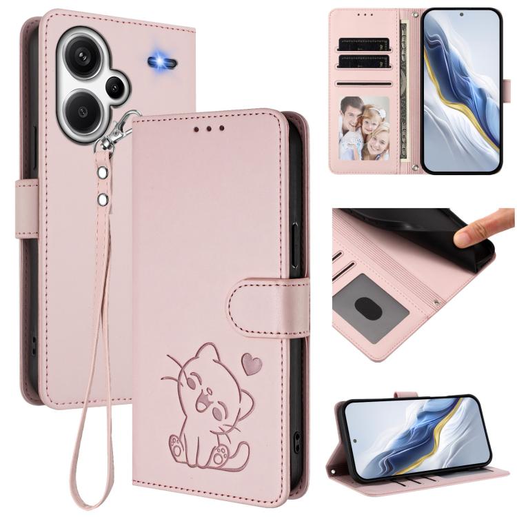 Embossed Heart Cat Leather Phone Case with Hand Strap, For Redmi Note 13 Pro+ 5G Global, For Redmi 12 4G / 5G / Note 12R