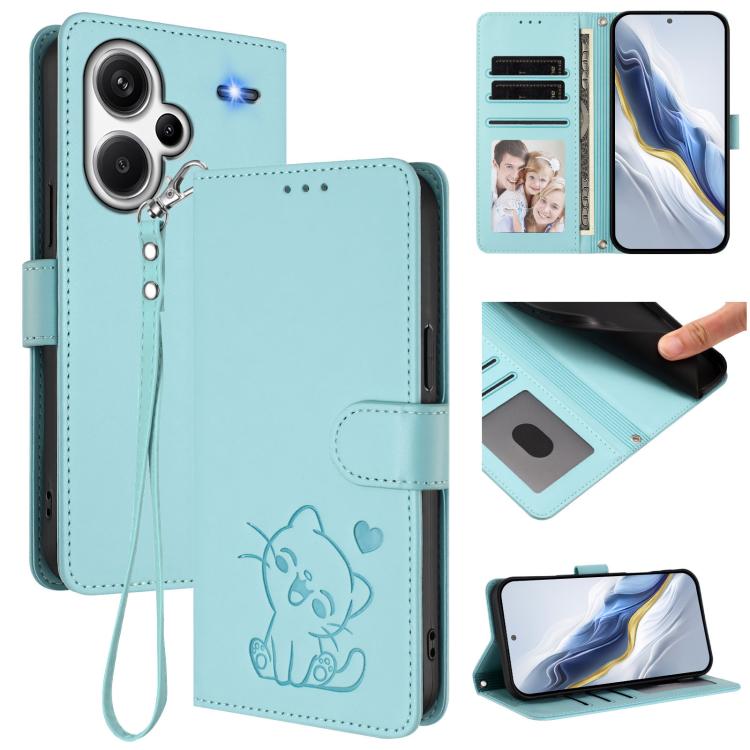 Embossed Heart Cat Leather Phone Case with Hand Strap, For Redmi Note 13 Pro+ 5G Global, For Redmi 12 4G / 5G / Note 12R
