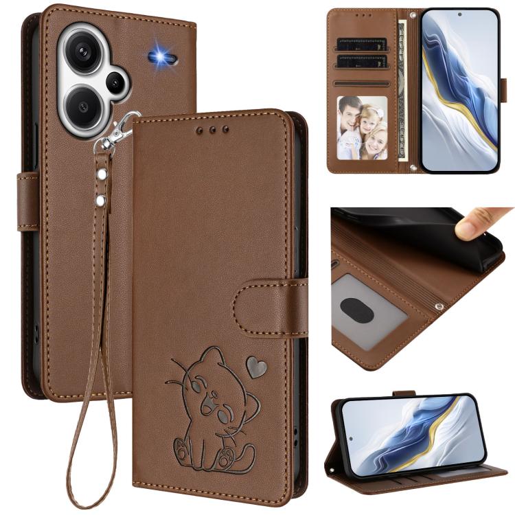 Embossed Heart Cat Leather Phone Case with Hand Strap, For Redmi Note 13 Pro+ 5G Global, For Redmi 12 4G / 5G / Note 12R