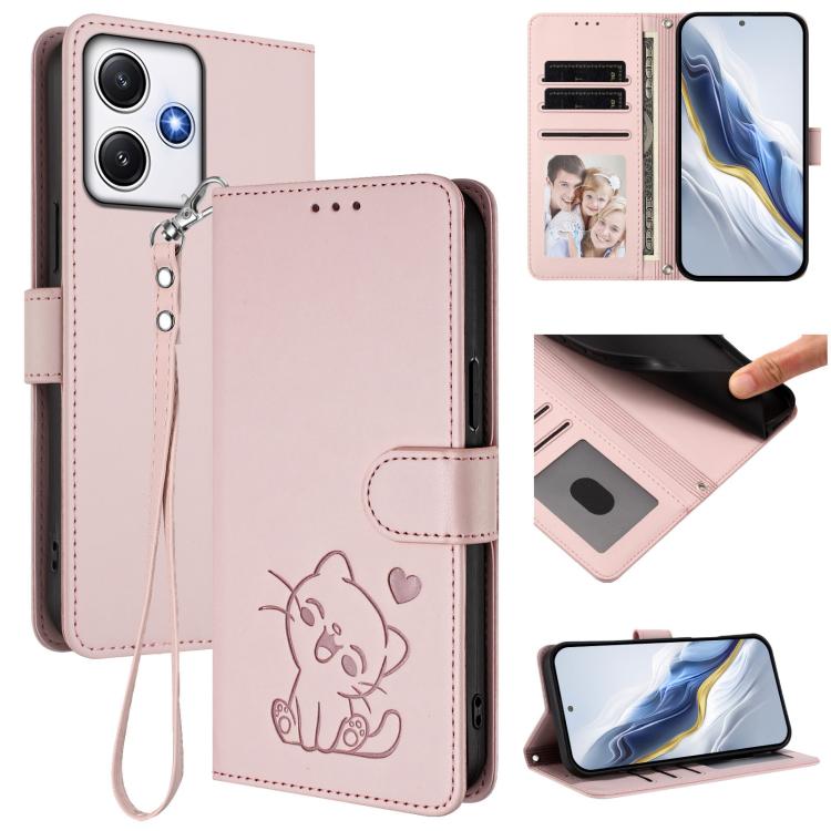 Embossed Heart Cat Leather Phone Case with Hand Strap, For Redmi Note 13 Pro+ 5G Global, For Redmi 12 4G / 5G / Note 12R