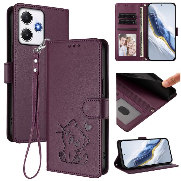 Embossed Heart Cat Leather Phone Case with Hand Strap, For Redmi Note 13 Pro+ 5G Global, For Redmi 12 4G / 5G / Note 12R