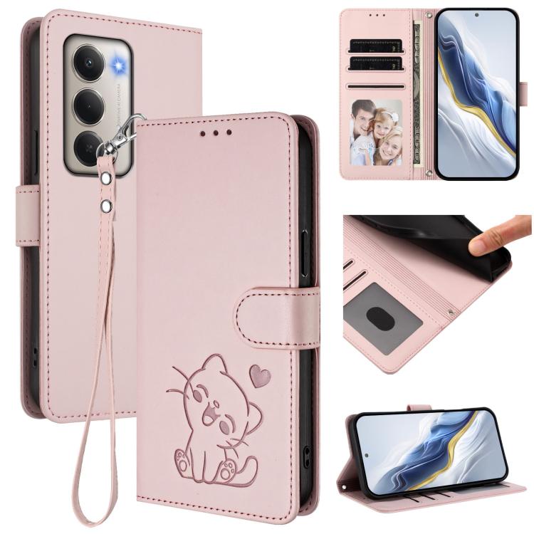 Embossed Heart Cat Leather Phone Case with Hand Strap, For Redmi 15 5G Global / 15 4G SEA 169.5mm, For Redmi 15 5G / 4G EU 171mm