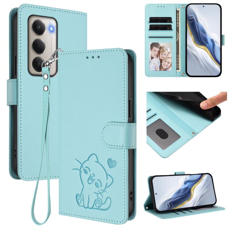 Embossed Heart Cat Leather Phone Case with Hand Strap, For Redmi 15 5G Global / 15 4G SEA 169.5mm, For Redmi 15 5G / 4G EU 171mm