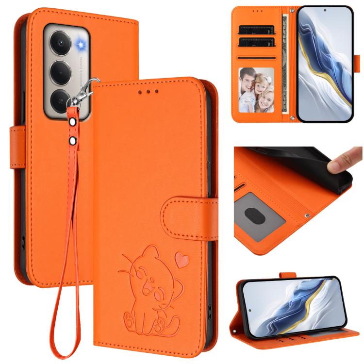 Embossed Heart Cat Leather Phone Case with Hand Strap, For Redmi 15 5G Global / 15 4G SEA 169.5mm, For Redmi 15 5G / 4G EU 171mm