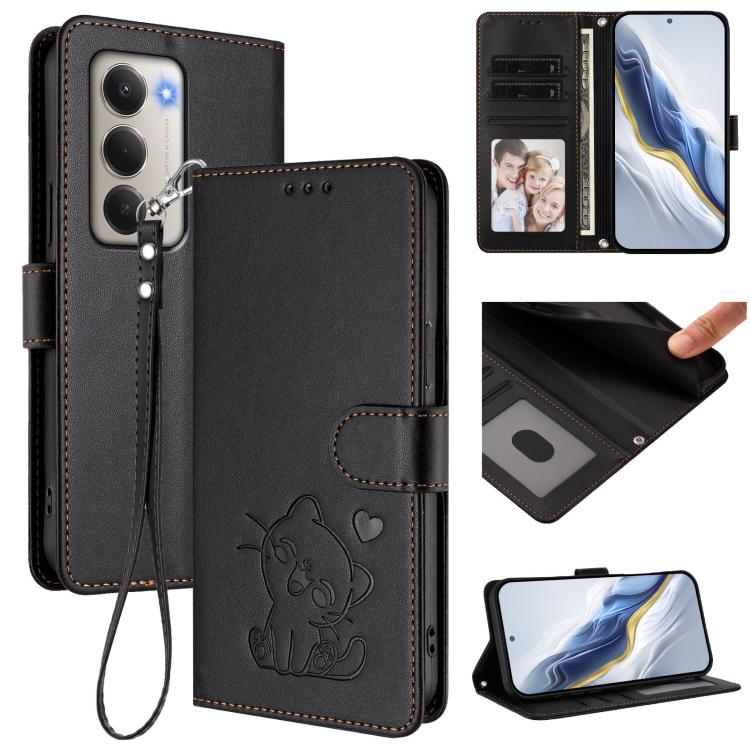 Embossed Heart Cat Leather Phone Case with Hand Strap, For Redmi 15 5G Global / 15 4G SEA 169.5mm, For Redmi 15 5G / 4G EU 171mm