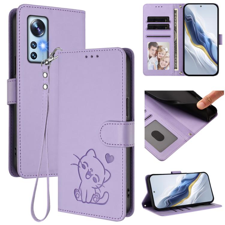 Embossed Heart Cat Leather Phone Case with Hand Strap, For Xiaomi 12 5G / 12X 5G / 12S 5G, For Xiaomi 12 Lite