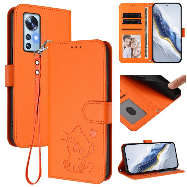 Embossed Heart Cat Leather Phone Case with Hand Strap, For Xiaomi 12 5G / 12X 5G / 12S 5G, For Xiaomi 12 Lite