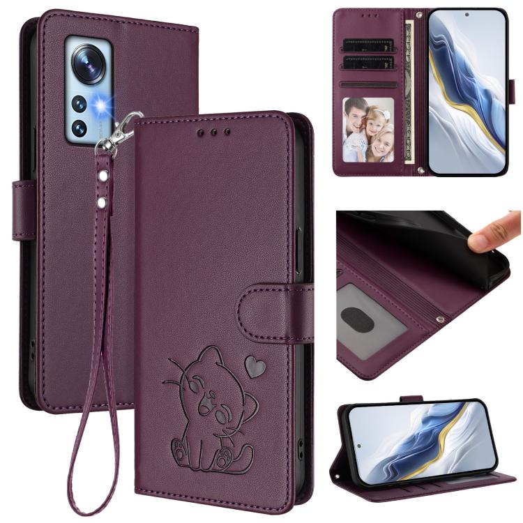 Embossed Heart Cat Leather Phone Case with Hand Strap, For Xiaomi 12 5G / 12X 5G / 12S 5G, For Xiaomi 12 Lite