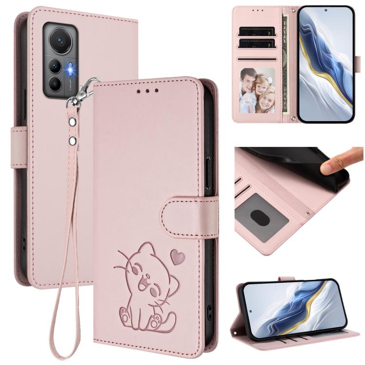 Embossed Heart Cat Leather Phone Case with Hand Strap, For Xiaomi 12 5G / 12X 5G / 12S 5G, For Xiaomi 12 Lite