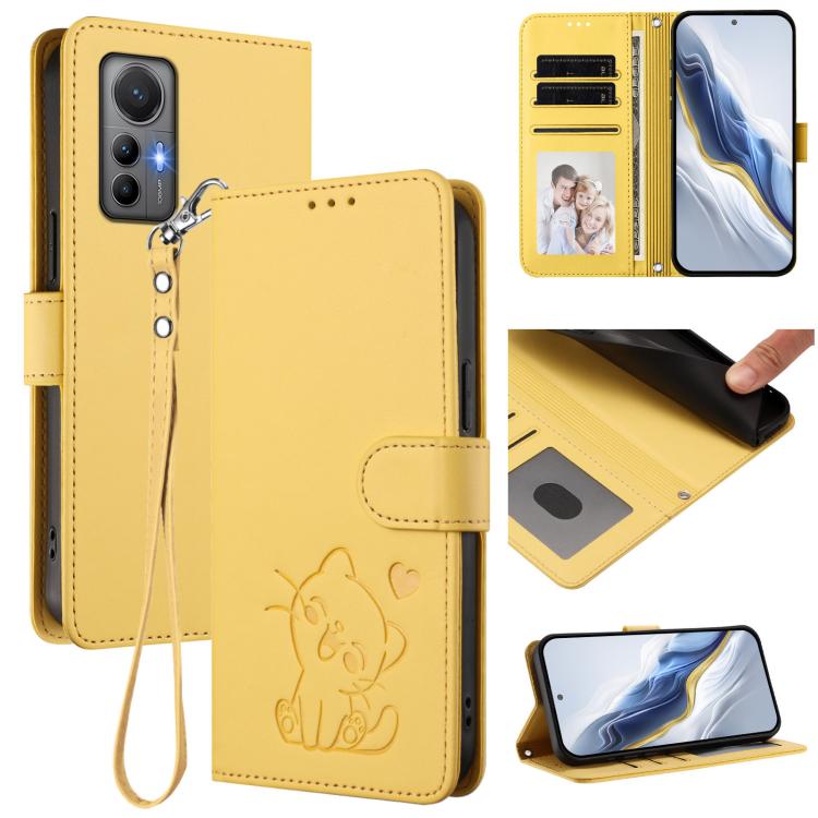 Embossed Heart Cat Leather Phone Case with Hand Strap, For Xiaomi 12 5G / 12X 5G / 12S 5G, For Xiaomi 12 Lite