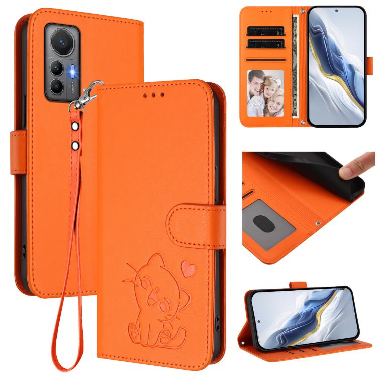 Embossed Heart Cat Leather Phone Case with Hand Strap, For Xiaomi 12 5G / 12X 5G / 12S 5G, For Xiaomi 12 Lite