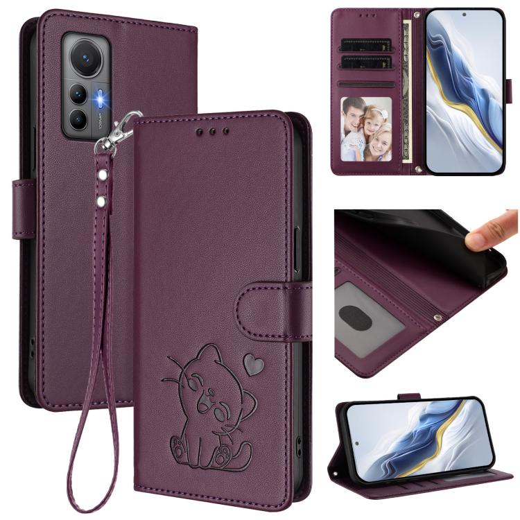 Embossed Heart Cat Leather Phone Case with Hand Strap, For Xiaomi 12 5G / 12X 5G / 12S 5G, For Xiaomi 12 Lite