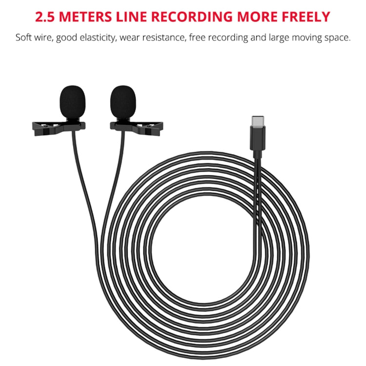 YELANGU MY3 Type-C Interface Live Broadcast Interview Mobile Phone Double Clip Lavalier Microphone, Length: 2.5m, MY3