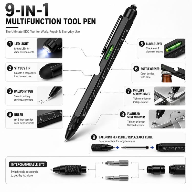 9-in-1 Multifunctional Tool Pen Bottle Opener Metal Ballpoint Pen