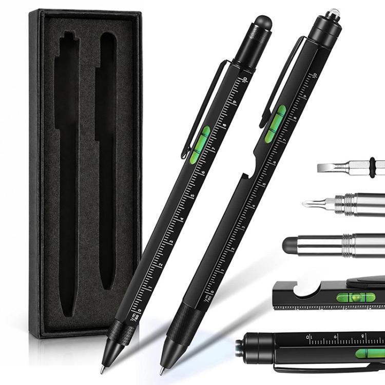 Multifunctional Metal Ballpoint Tool Pen Gift Set with Light, Bottle Opener, Stylus, and Ruler, Lid and Base Box, Color Box