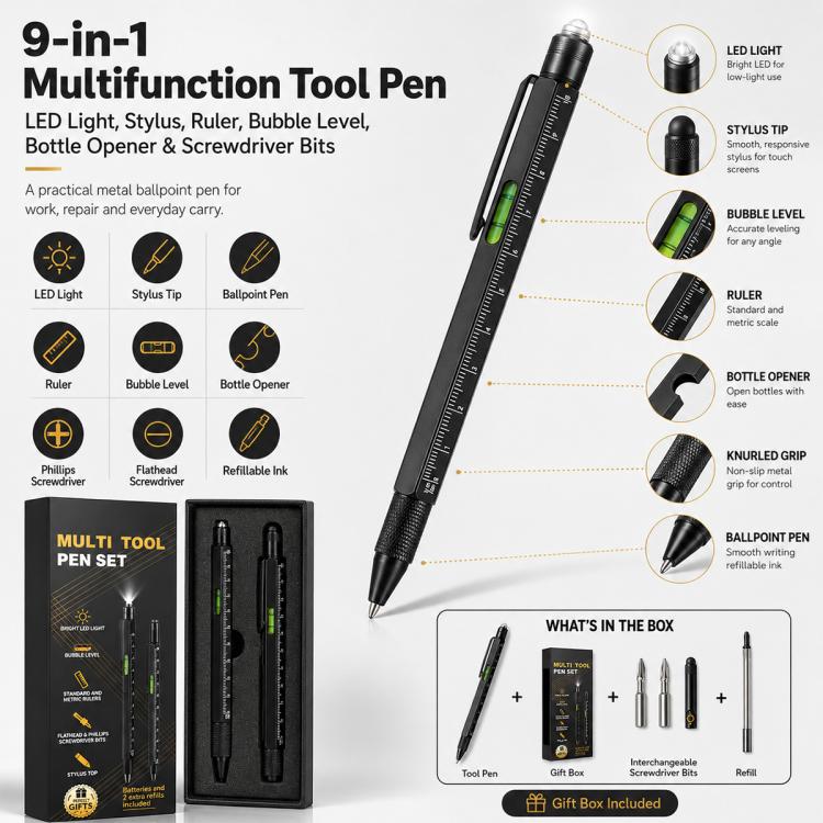 Multifunctional Metal Ballpoint Tool Pen Gift Set with Light, Bottle Opener, Stylus, and Ruler, Lid and Base Box, Color Box