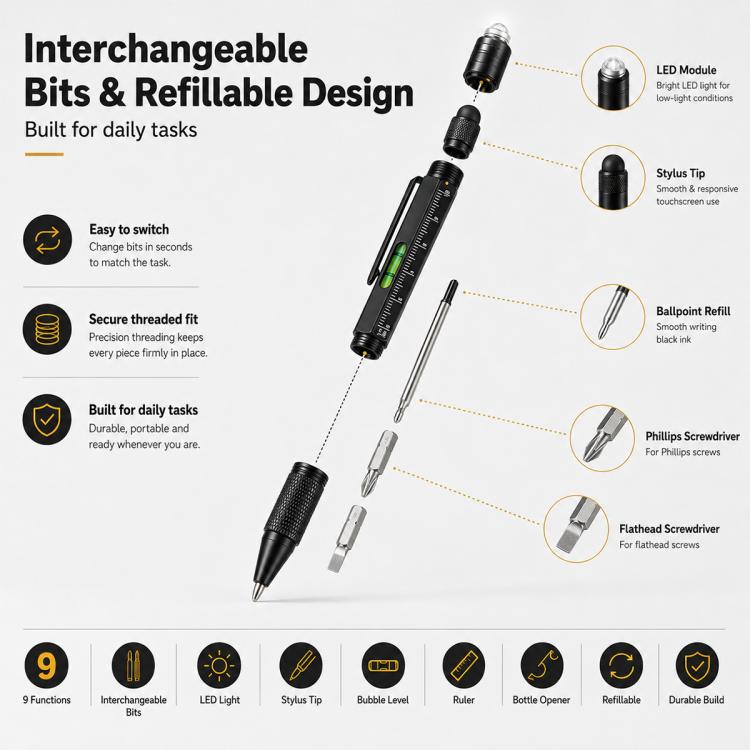 Multifunctional Metal Ballpoint Tool Pen Gift Set with Light, Bottle Opener, Stylus, and Ruler, Lid and Base Box, Color Box