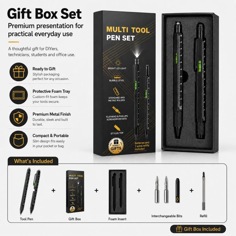 Multifunctional Metal Ballpoint Tool Pen Gift Set with Light, Bottle Opener, Stylus, and Ruler, Lid and Base Box, Color Box