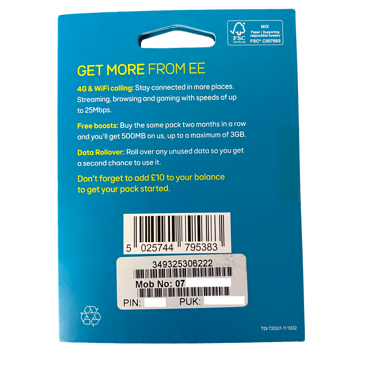 EE Pay As You Go Sim Card - £10 Subscription Pack