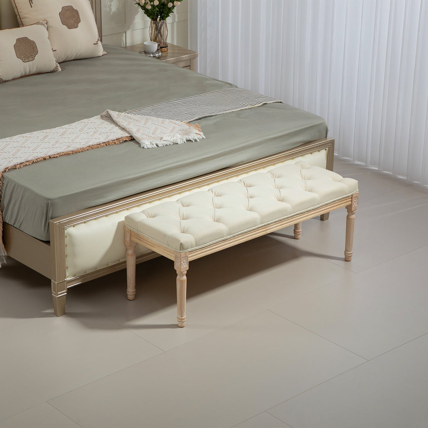 HOMCOM End of Bed Bench Upholstered Foot Stool Linen-Touch Ottoman Cream