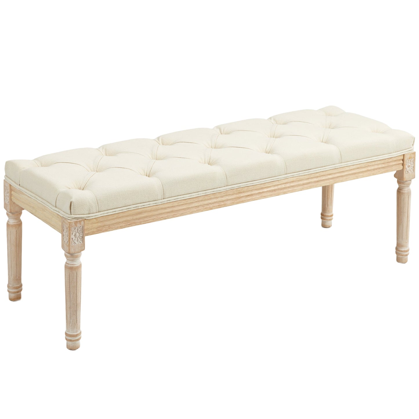 HOMCOM End of Bed Bench Upholstered Foot Stool Linen-Touch Ottoman Cream