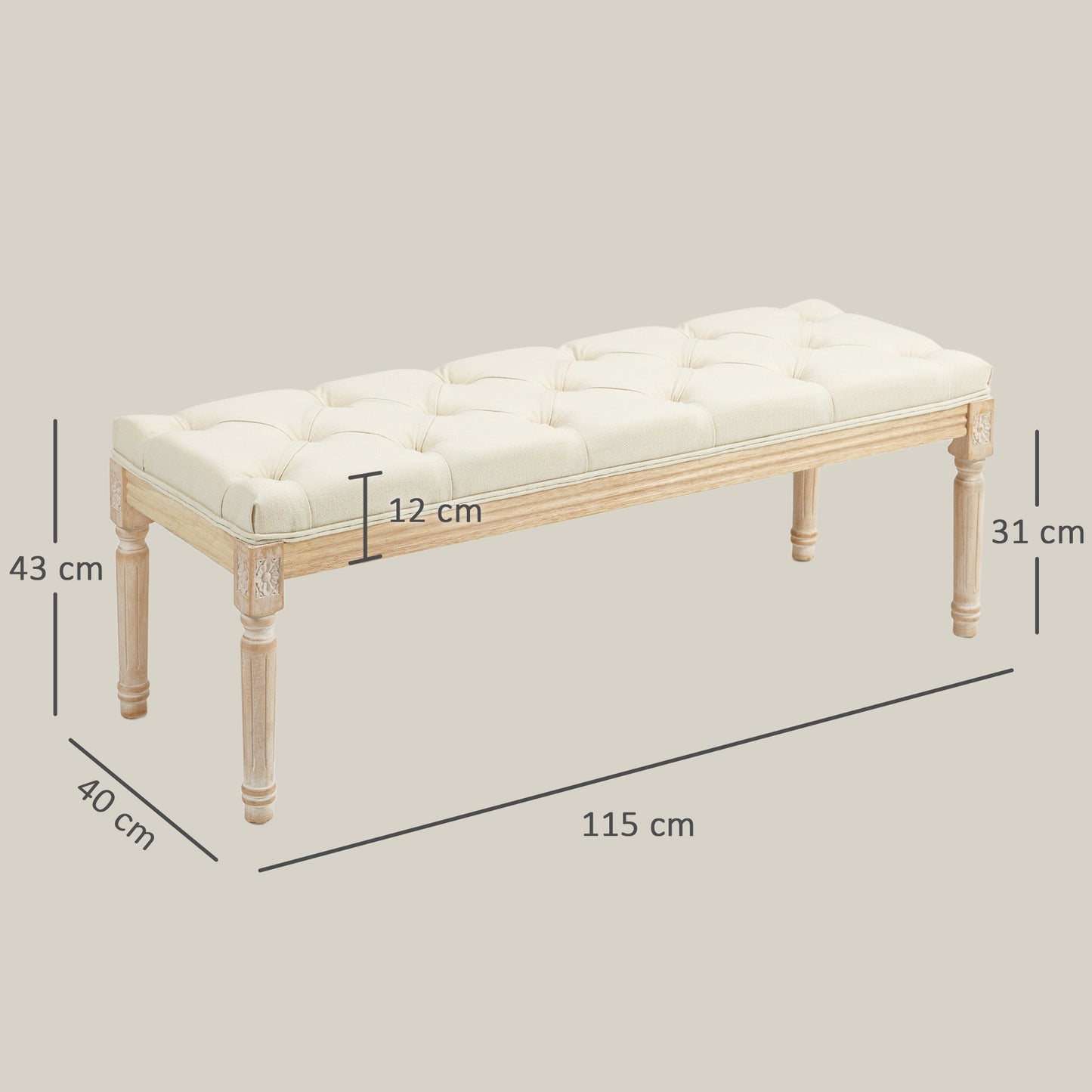 HOMCOM End of Bed Bench Upholstered Foot Stool Linen-Touch Ottoman Cream