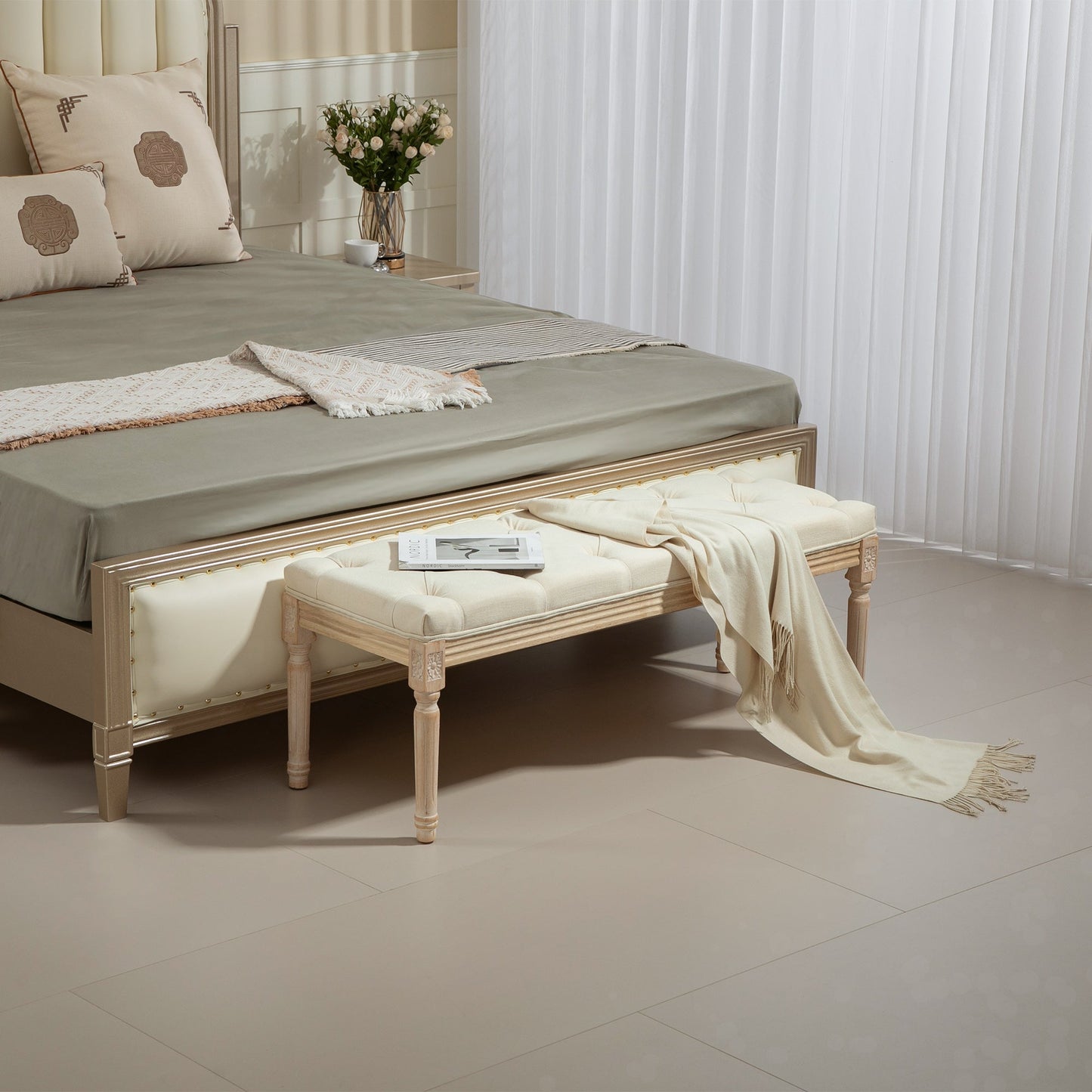 HOMCOM End of Bed Bench Upholstered Foot Stool Linen-Touch Ottoman Cream
