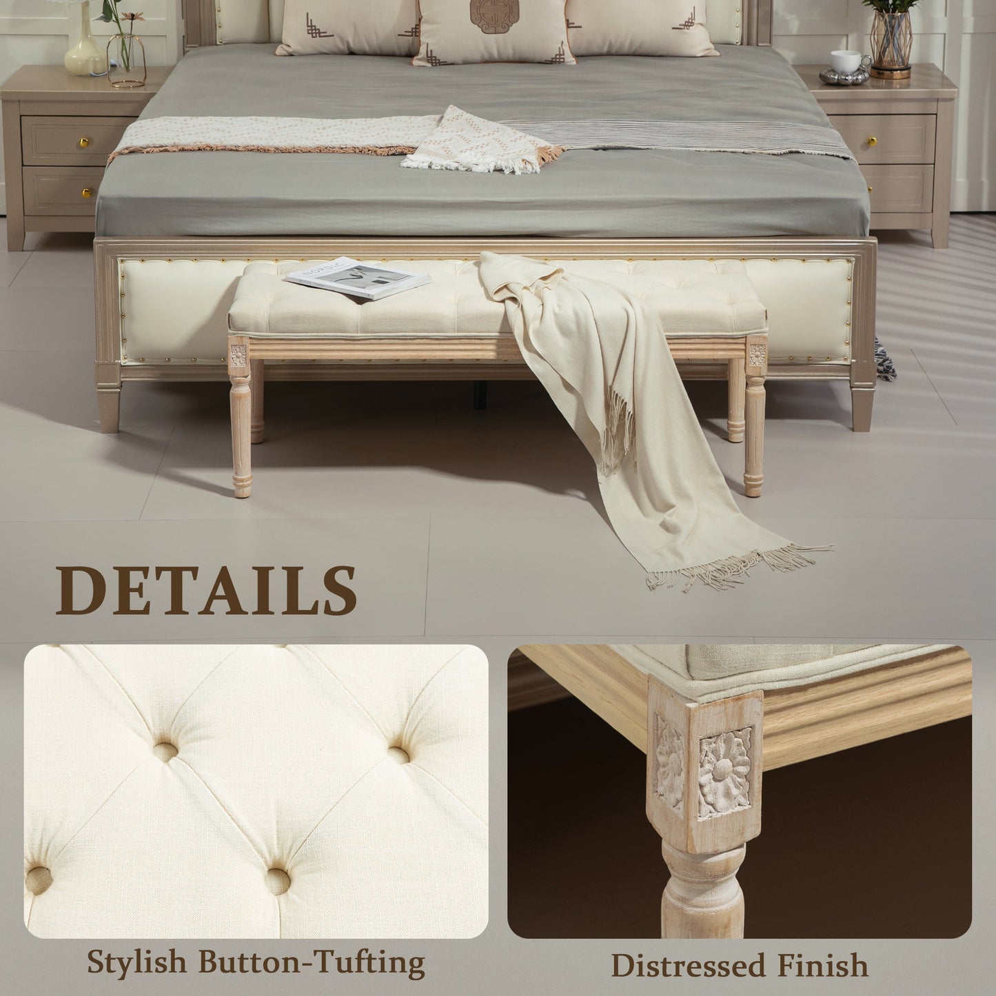 HOMCOM End of Bed Bench Upholstered Foot Stool Linen-Touch Ottoman Cream