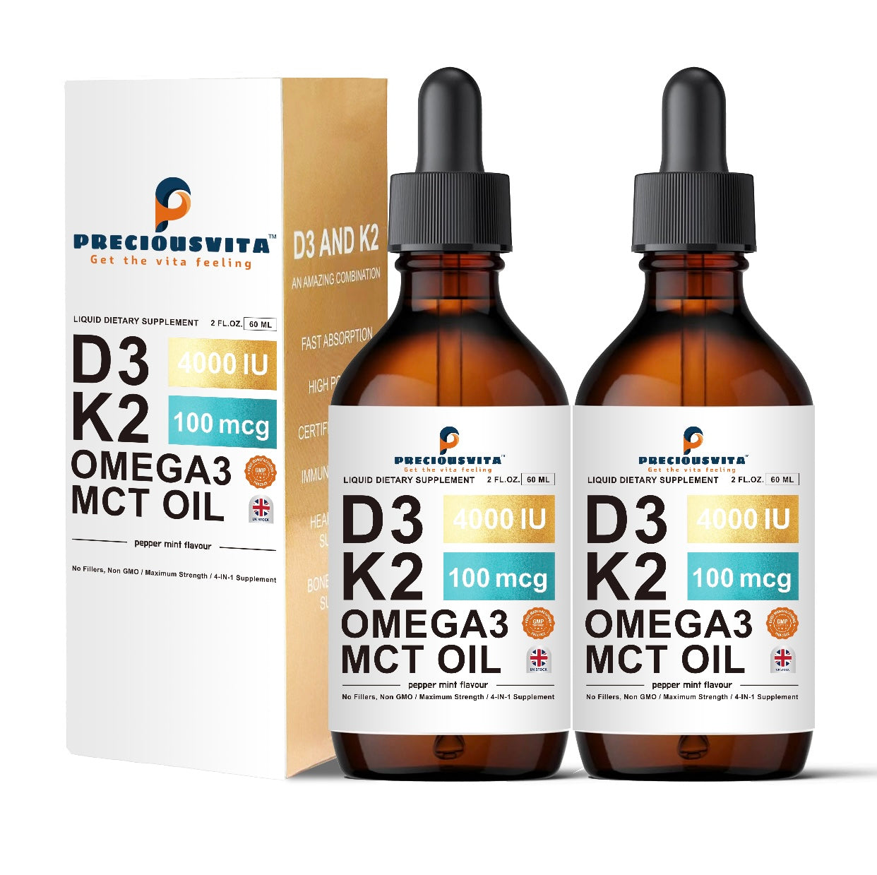 Preciousvita Vitamin D3K2 Liquid Drops,Vitamin D3:4000iu & Vitamin K2:100MCG,Peppermint Flavoured, 60ml