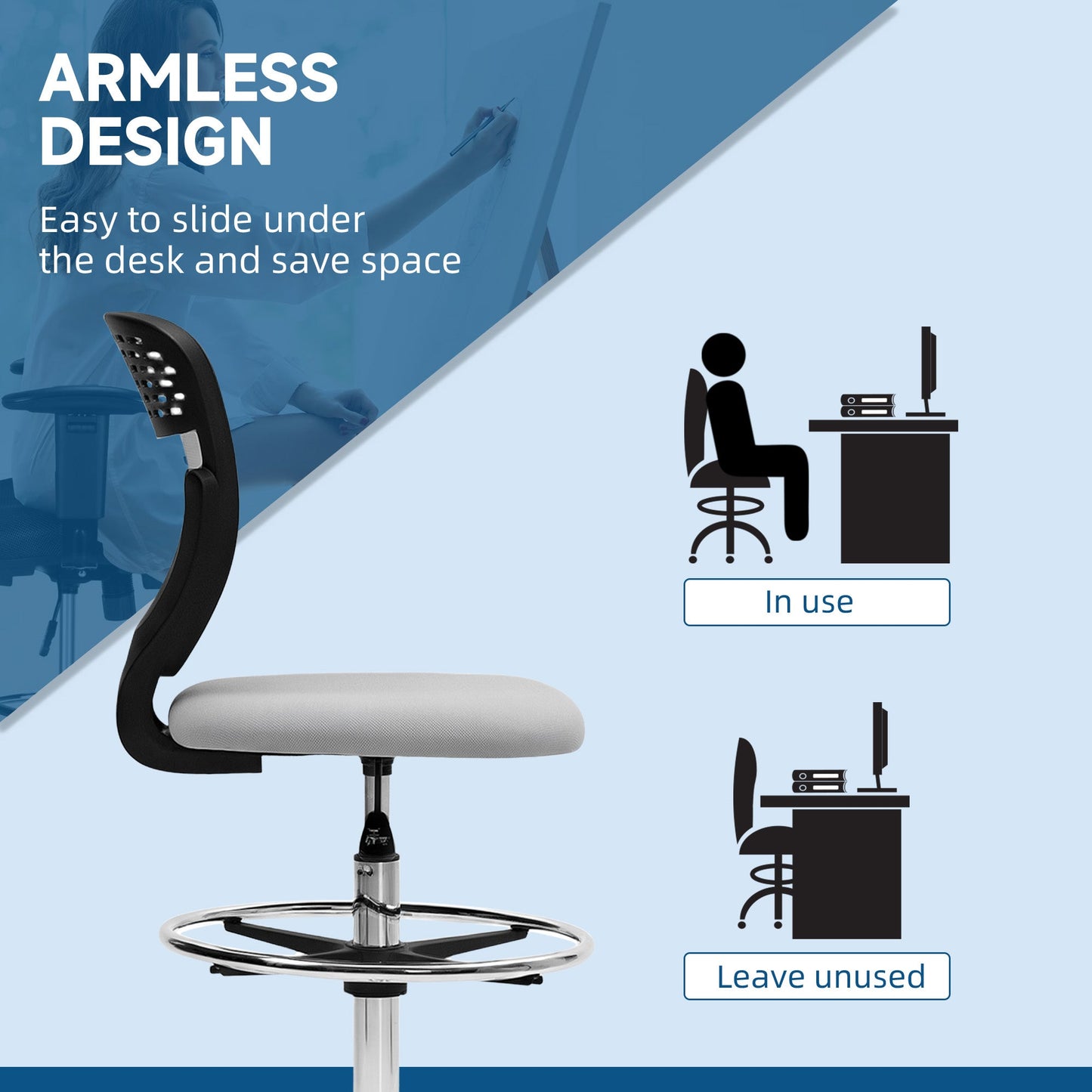 Vinsetto Draughtsman Chair, Office Chair with Wheels, Light Grey