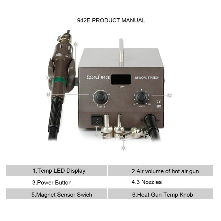 BAKU BA-942E 220V Digital Display Adjustable Temperature Hot Air Gun Desoldering Station Set, EU Plug