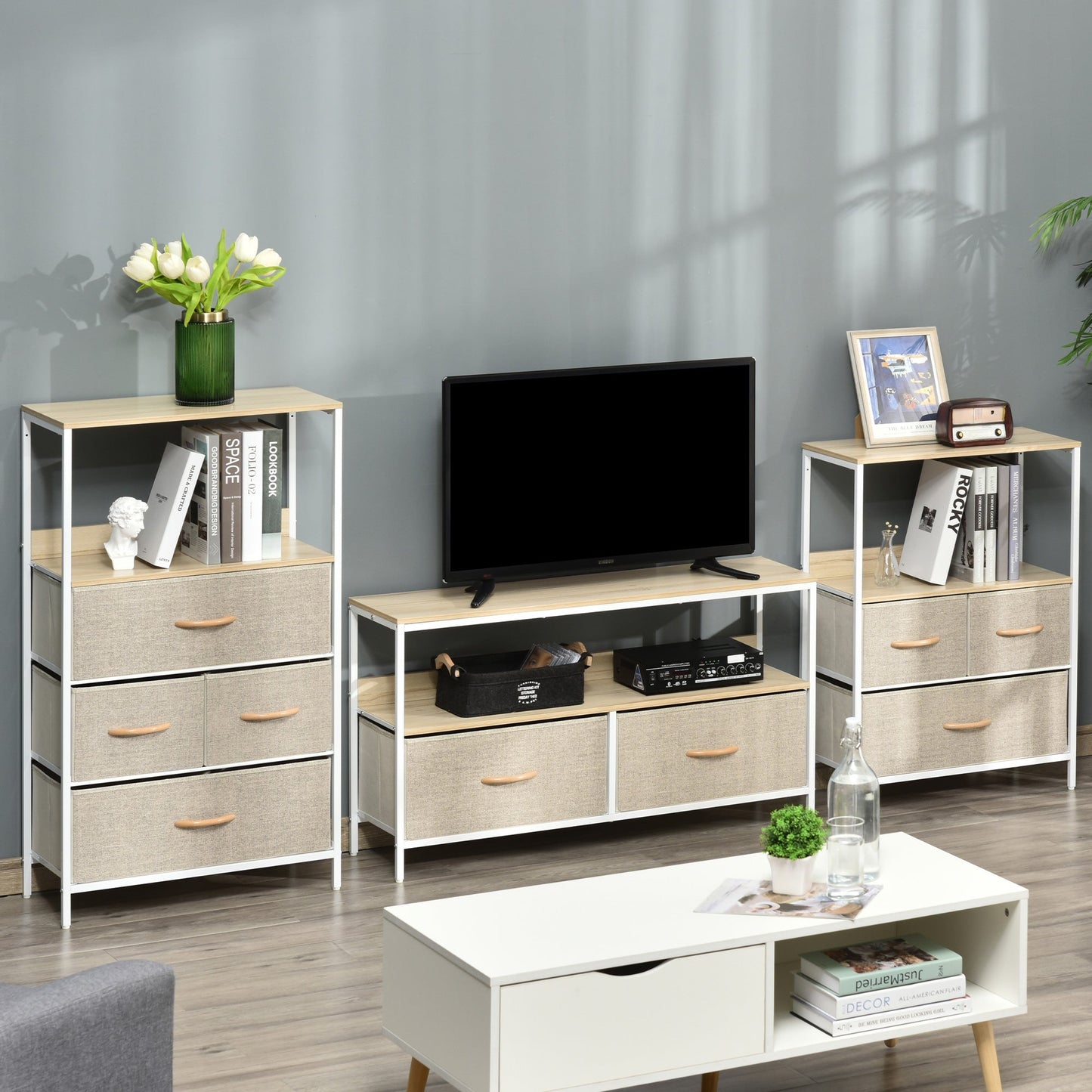 HOMCOM TV Stand Cabinet up to 47-inch, TV Unit with 2 Foldable Linen Drawers, Open Shelf for Living Room, Bedroom, Entertainment Room, Maple Wood Effect