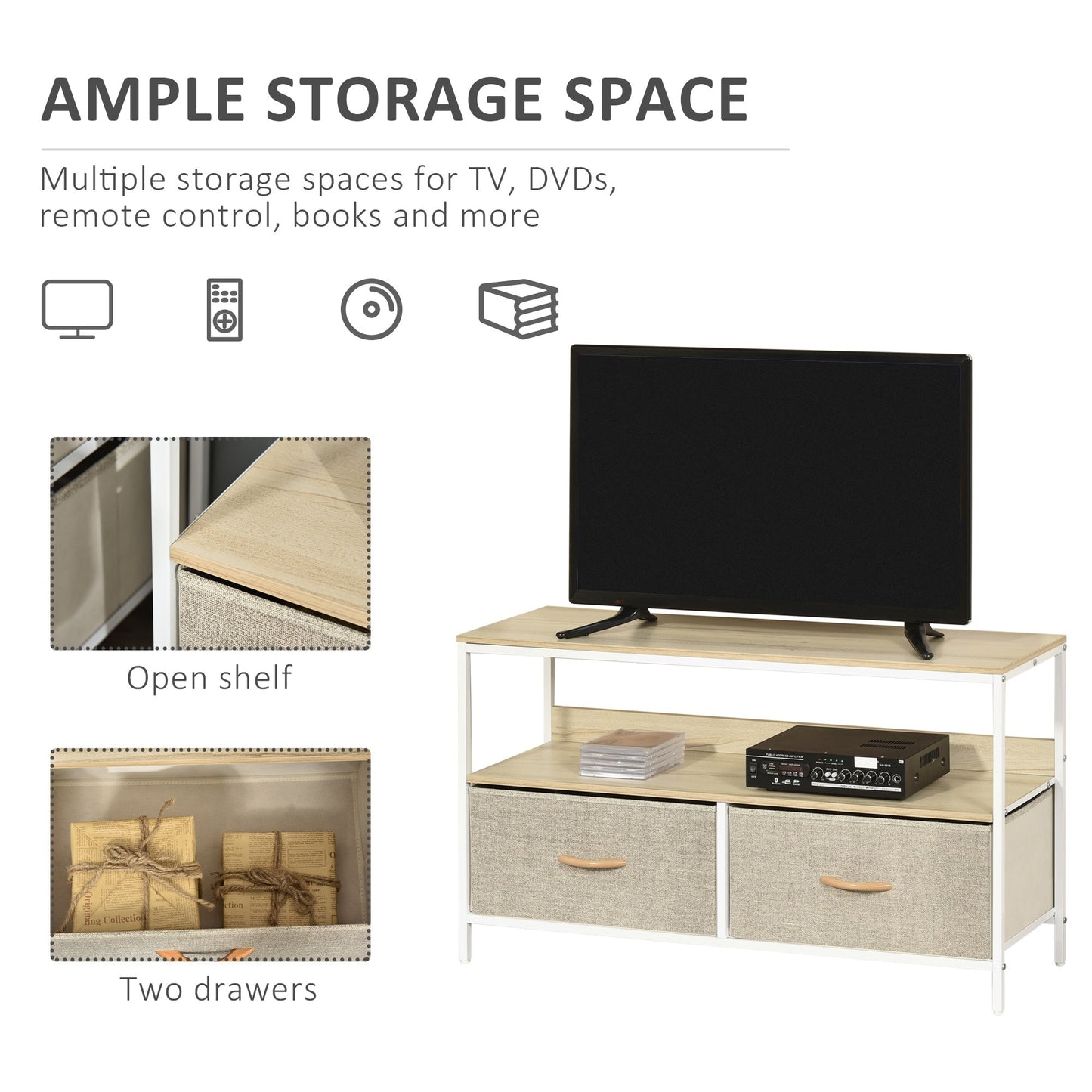HOMCOM TV Stand Cabinet up to 47-inch, TV Unit with 2 Foldable Linen Drawers, Open Shelf for Living Room, Bedroom, Entertainment Room, Maple Wood Effect