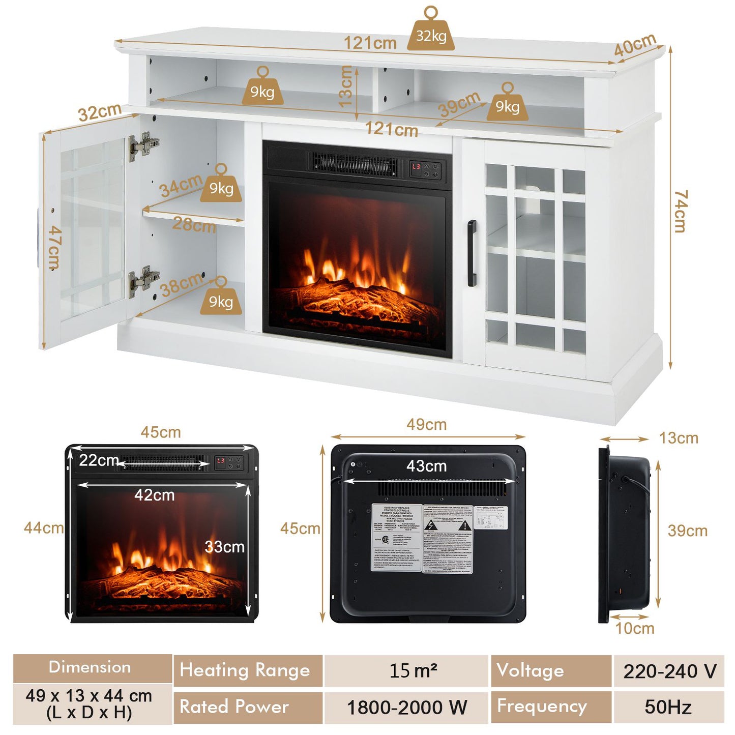 Fireplace TV Stand with 2000w Electric Insert and Remote Control-Black