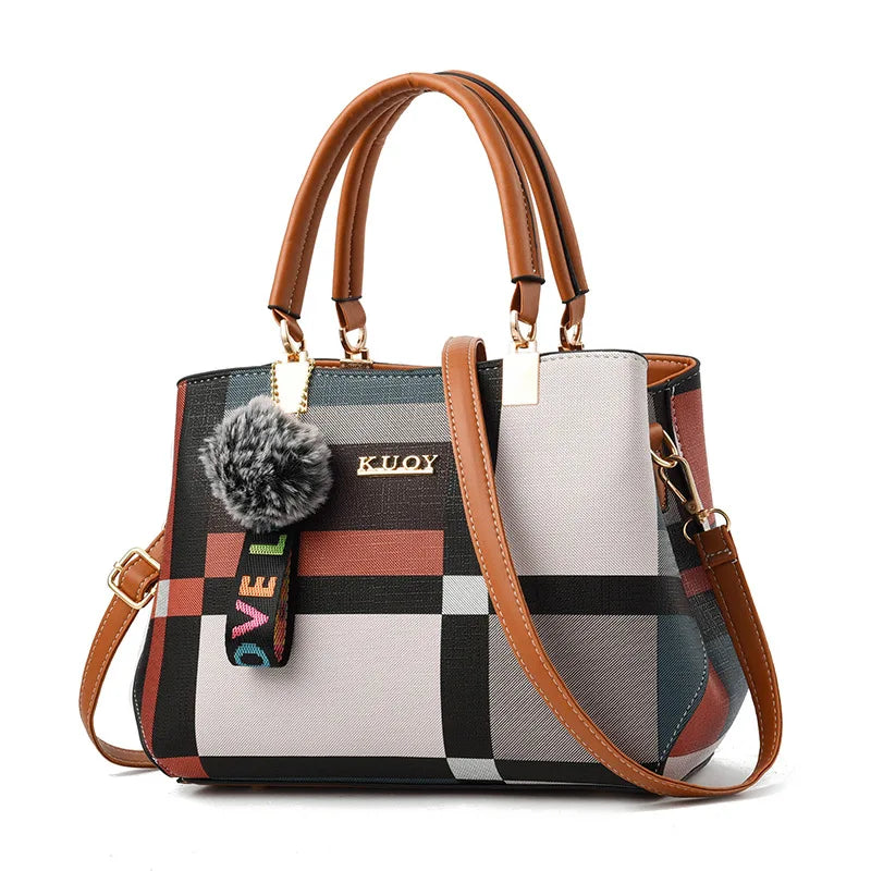 Elegant Women’s PU Leather Crossbody Messenger Handbag Fur Detail Tote Bag