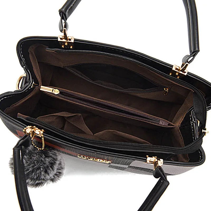 Elegant Women’s PU Leather Crossbody Messenger Handbag Fur Detail Tote Bag