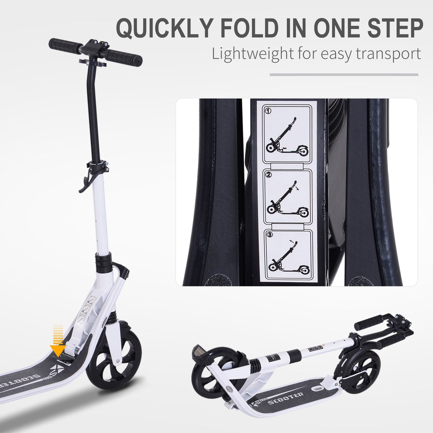 HOMCOM Folding Kick Scooter Teens Adult Ride On Adjustable 2 Big Wheels White
