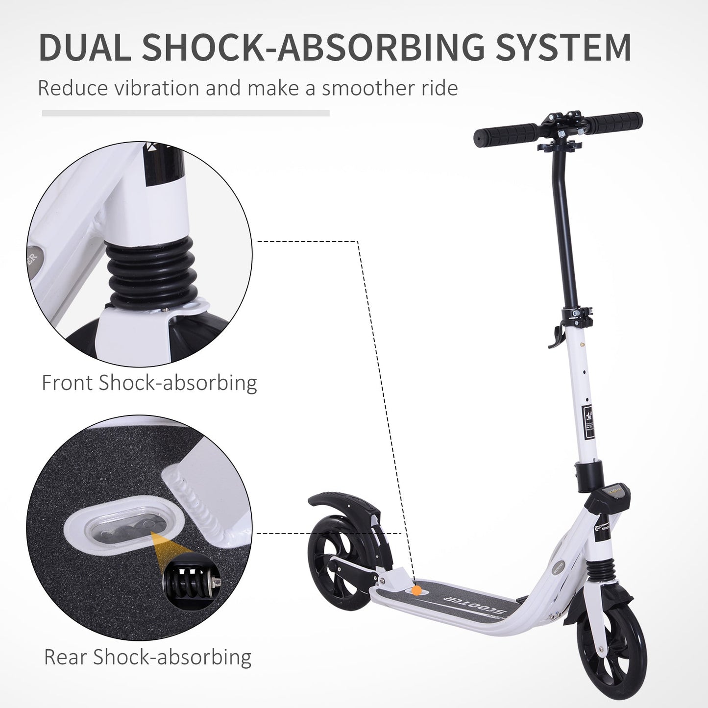 HOMCOM Folding Kick Scooter Teens Adult Ride On Adjustable 2 Big Wheels White