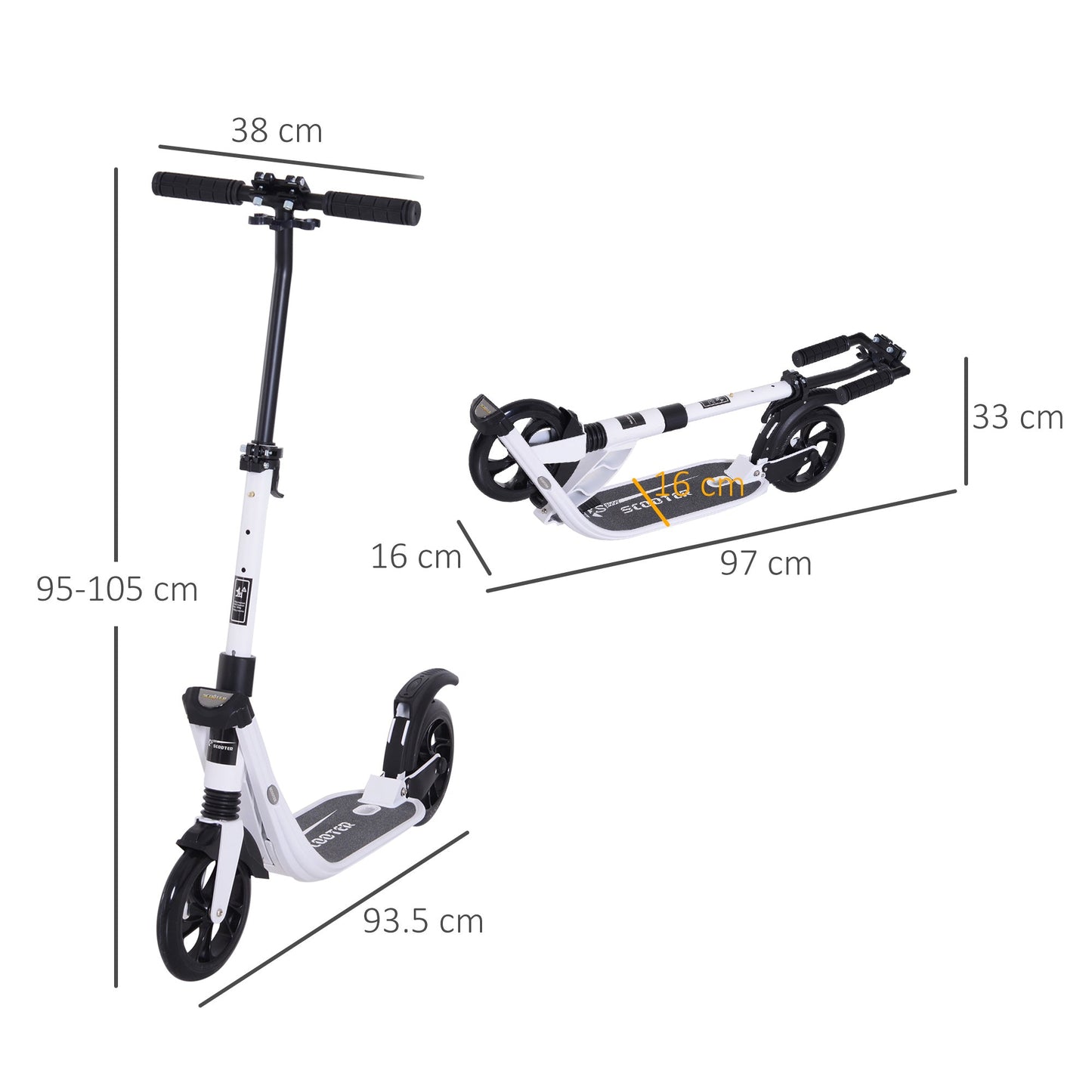 HOMCOM Folding Kick Scooter Teens Adult Ride On Adjustable 2 Big Wheels White