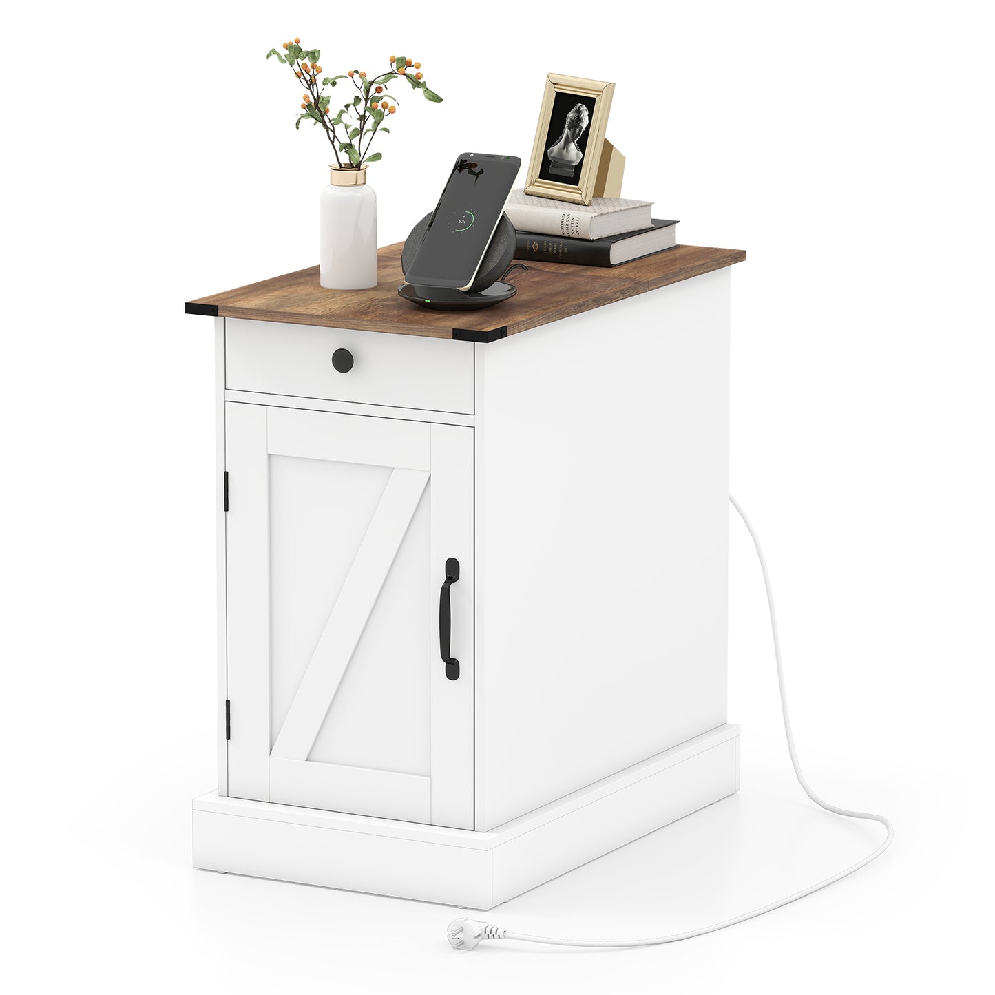 End Table with Charging Station Farmhouse Bedside Table with Storage Drawer-Black