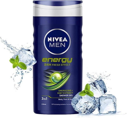 Nivea Men Energy Shower Gel 3 in 1 Body, Face & Hair - Invigorating Cleanse & Revitalisation for Men - 250 ml / 8.45 oz
