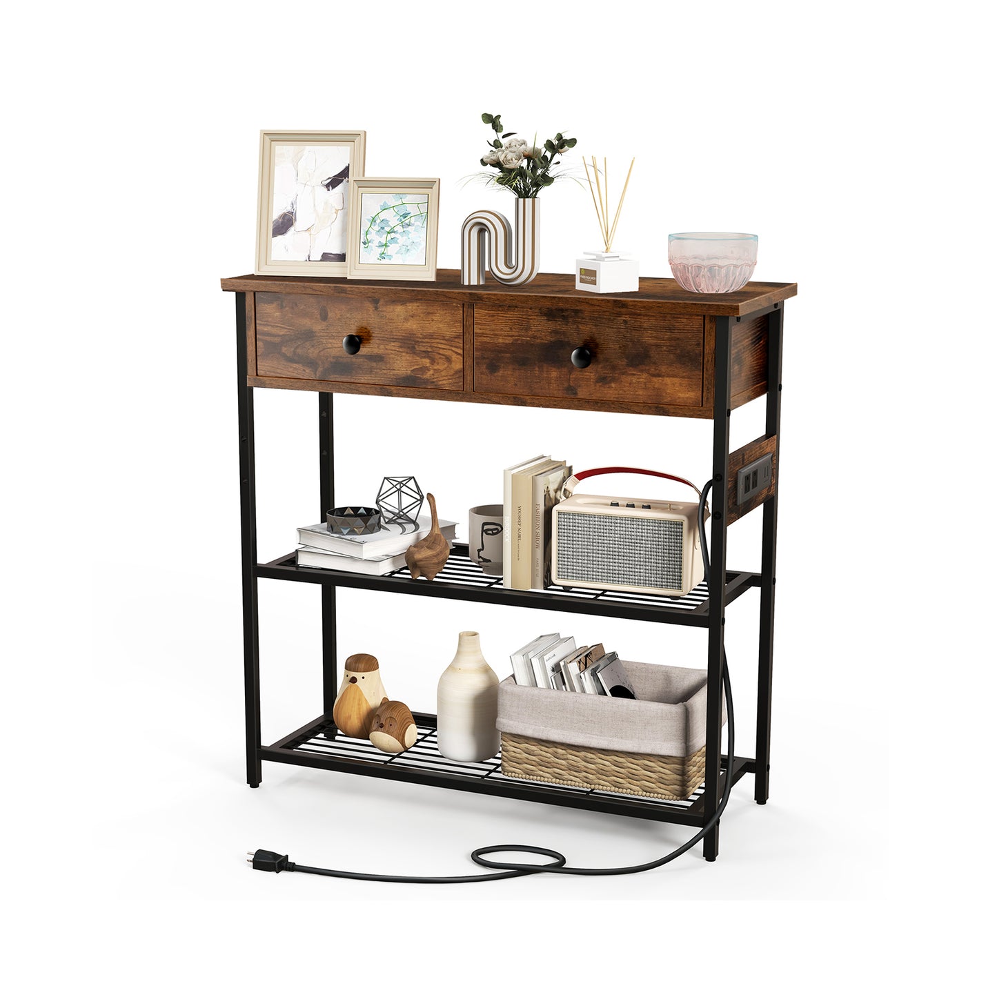 Entryway Narrow Console Table with Charging Station-Grey