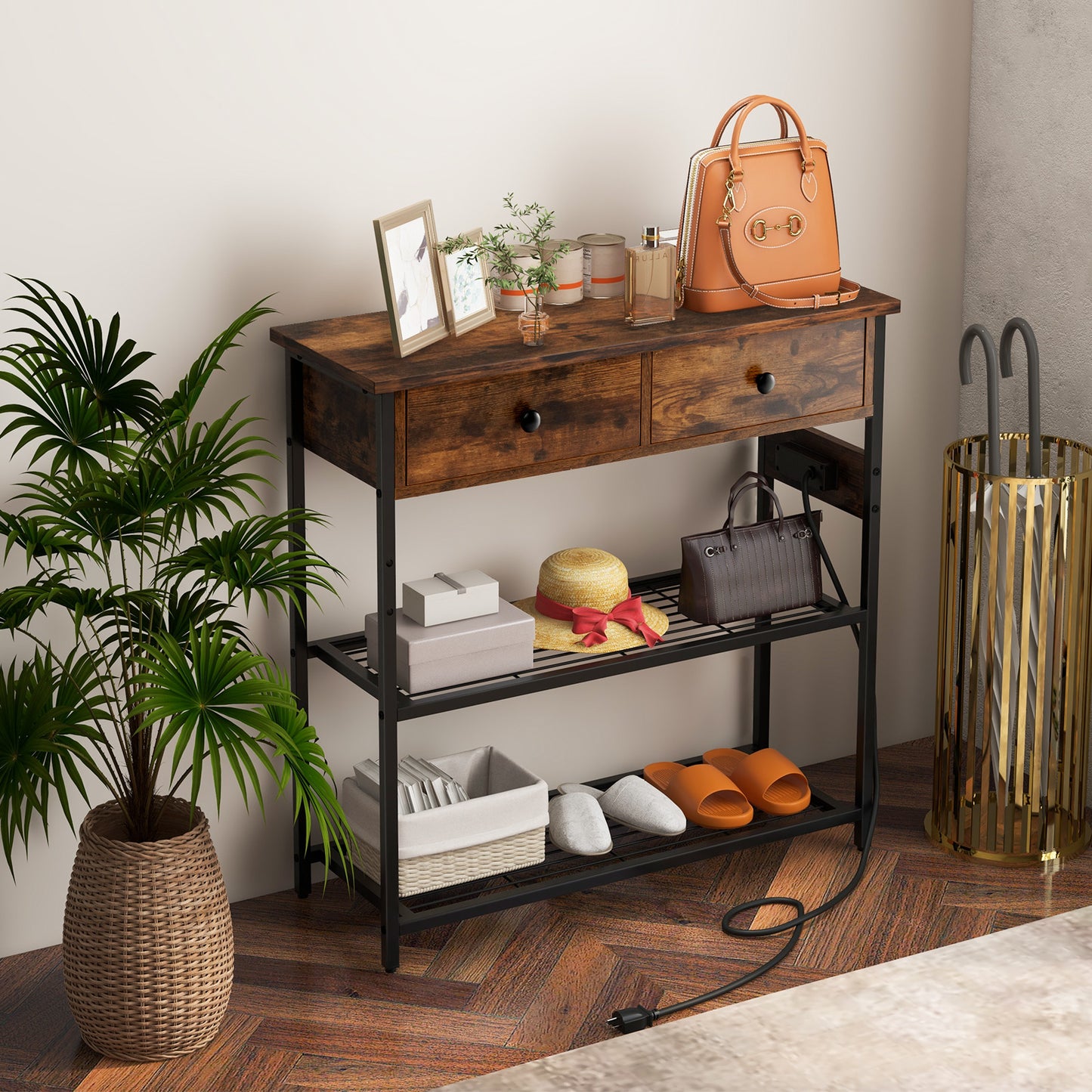 Entryway Narrow Console Table with Charging Station-Grey