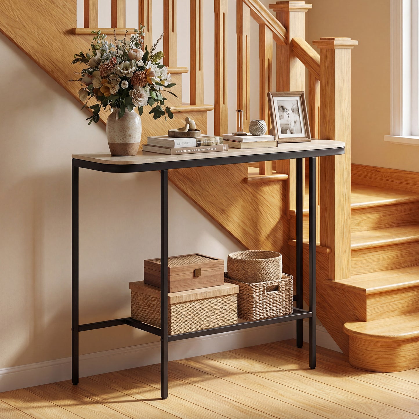 Entryway Table with Faux Marble Top and Metal Frame for Hallway-White & Golden