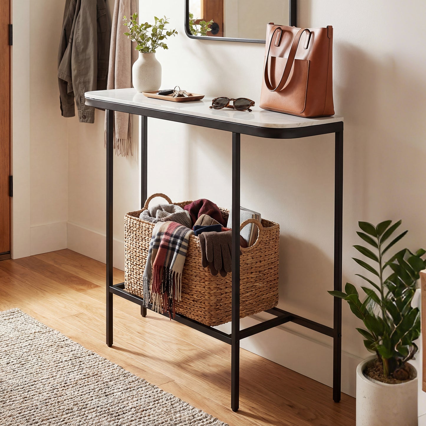 Entryway Table with Faux Marble Top and Metal Frame for Hallway-White & Golden