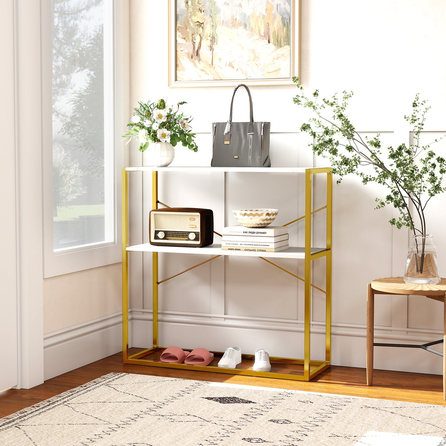 2-Tier Entryway Table with Marble Textured Open Shelves and Metal Frame-White & Golden